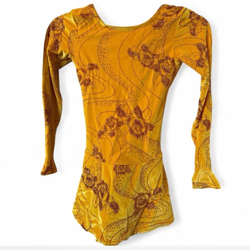 Girls' Mondor Ice Skating Velvet Floral Long-Sleeve Bodysuit in Yellow